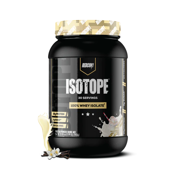 Redcon1 Isotope 100% Whey Protein Isolate vanilla flavour tub showing 30 servings and key nutrition details on black label