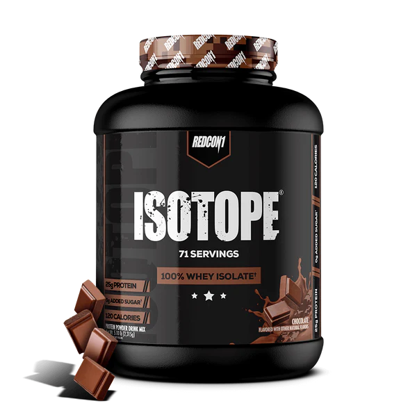 Redcon1 Isotope 100% Whey Protein Isolate chocolate flavour tub showing 71 servings and key nutrition details on black label