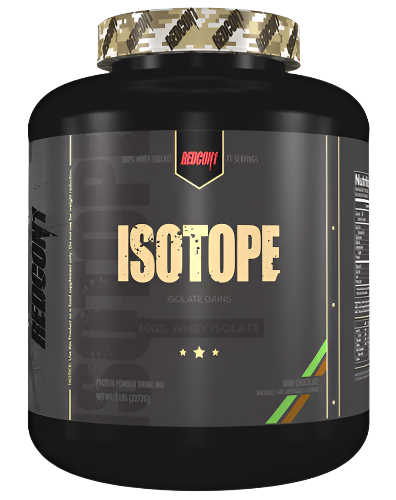 Redcon1 Isotope 100% Whey Protein Isolate Mint chocolate flavour tub showing 71 servings and key nutrition details on black label