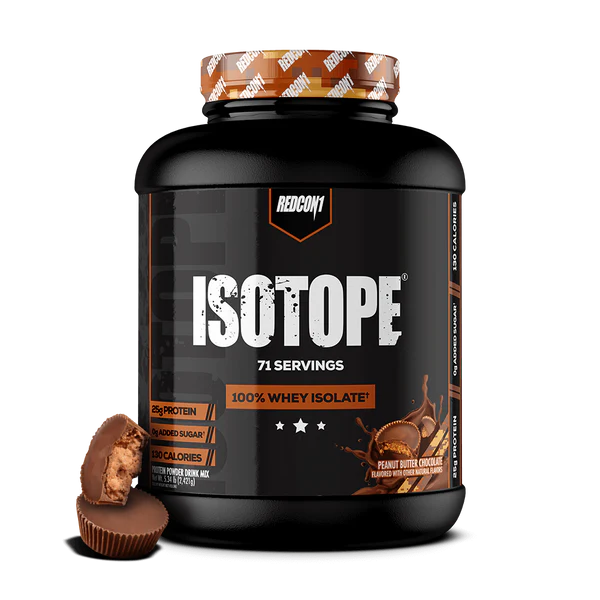 Redcon1 Isotope 100% Whey Protein Isolate peanut butter chocolate flavour tub showing 71 servings and key nutrition details on black label