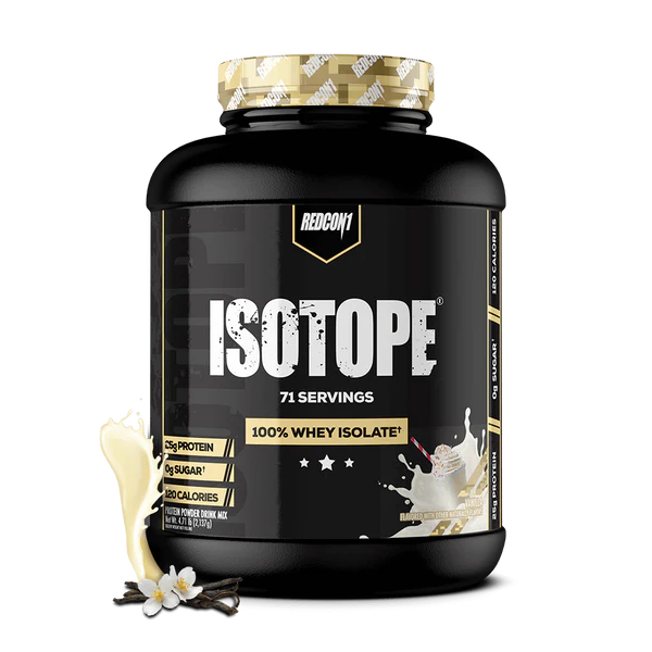 Redcon1 Isotope 100% Whey Protein Isolate Vanilla flavour tub showing 71 servings and key nutrition details on black label