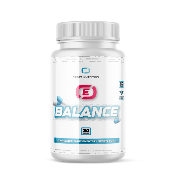 Reset Nutrition E-Balance bottle with white label and blue text and a red E symbol
