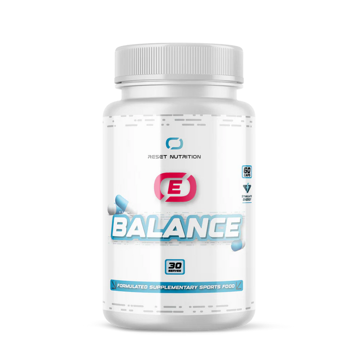 Reset Nutrition E-Balance bottle with white label and blue text and a red E symbol