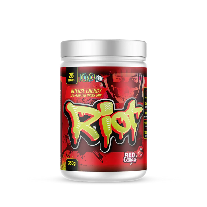Front view of Riot Caffeinated Drink Mix pre-workout tub in Red Candy flavour with branding and label