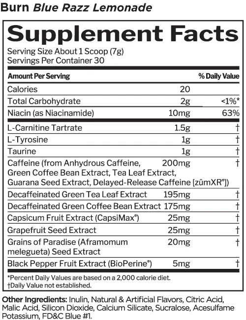 Supplement facts label for Burn Blue Razz Lemonade.