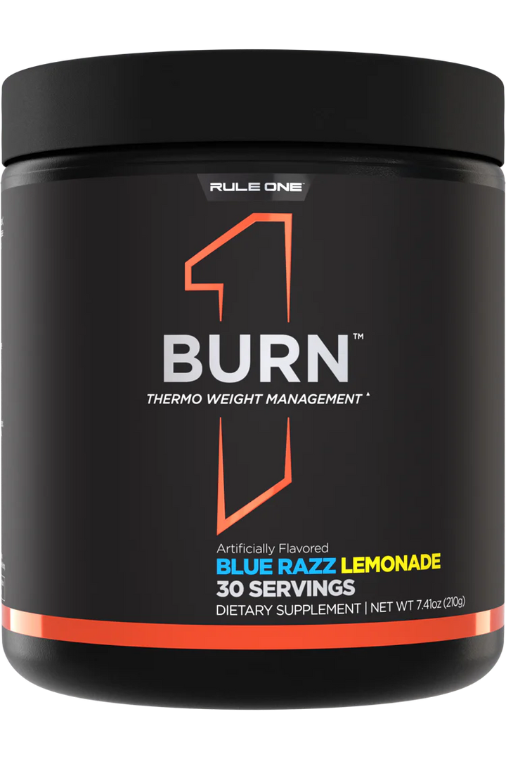 Container of 'Burn' powder by Rule 1 Proteins with the flavor Blue Raz Lemonade, indicating 30 servings and a net weight of 250g.
