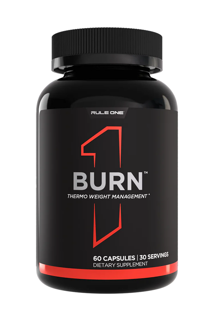 A bottle of Burn capsules by Rule 1 Proteins, designed for weight management.