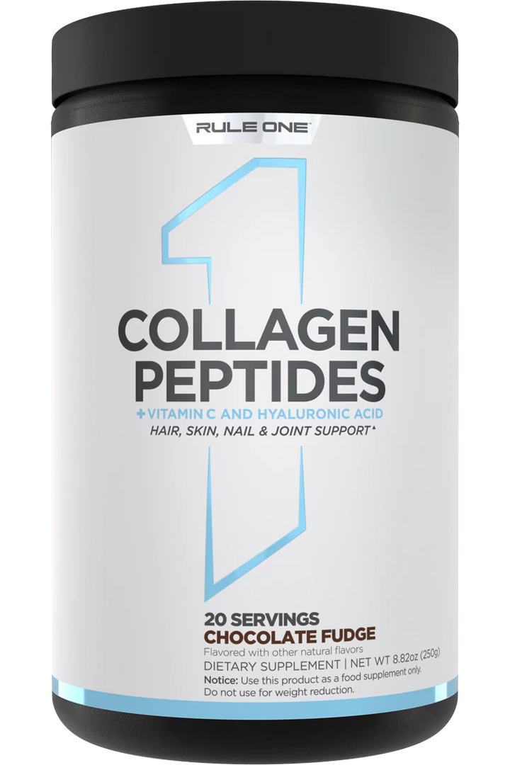 Front view of Rule1 Collagen Peptides Chocolate Fudge powder tub with black lid and white label containing 20 servings