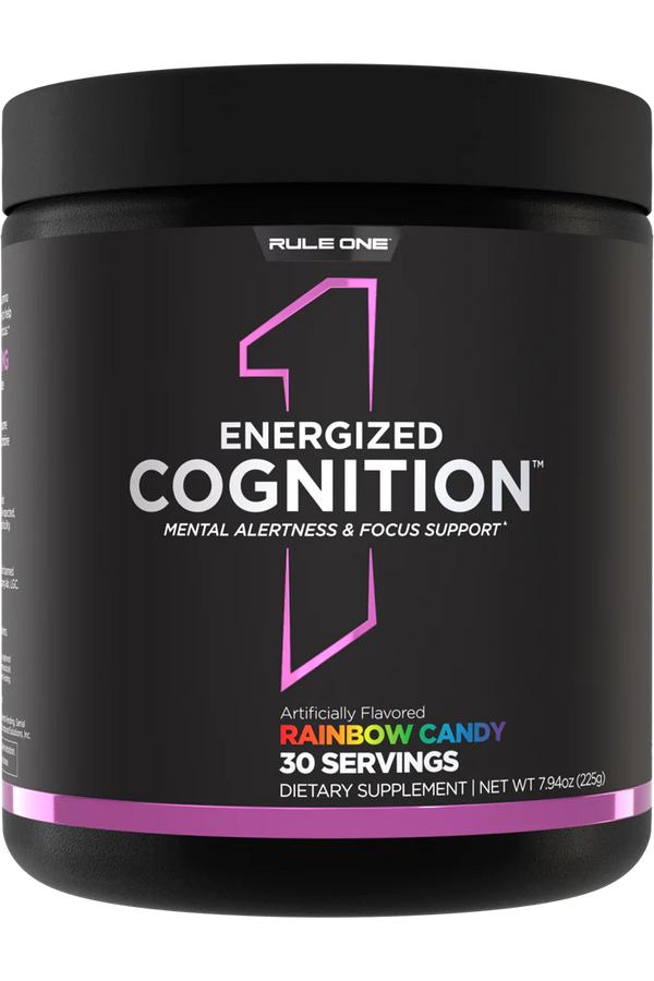Front view of Rule1 Energized Cognition Rainbow Candy powder tub with black lid and black label containing 30 servings