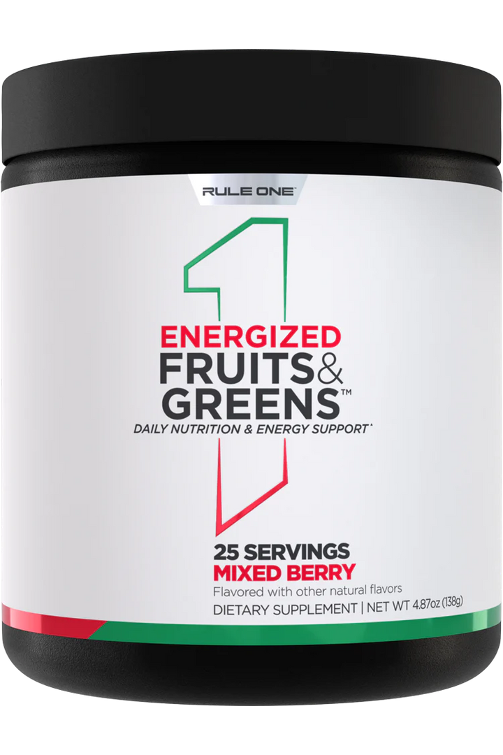 Container of Energized Fruits & Greens by Rule 1 Proteins with 25 servings of mixed berry flavor, marketed as a daily nutrition and energy support supplement.