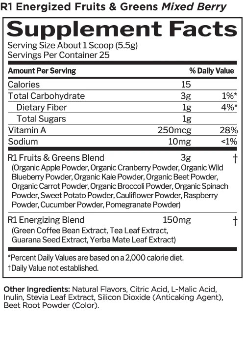 Supplement facts label for R1 Energized Fruits & Greens Mixed Berry.