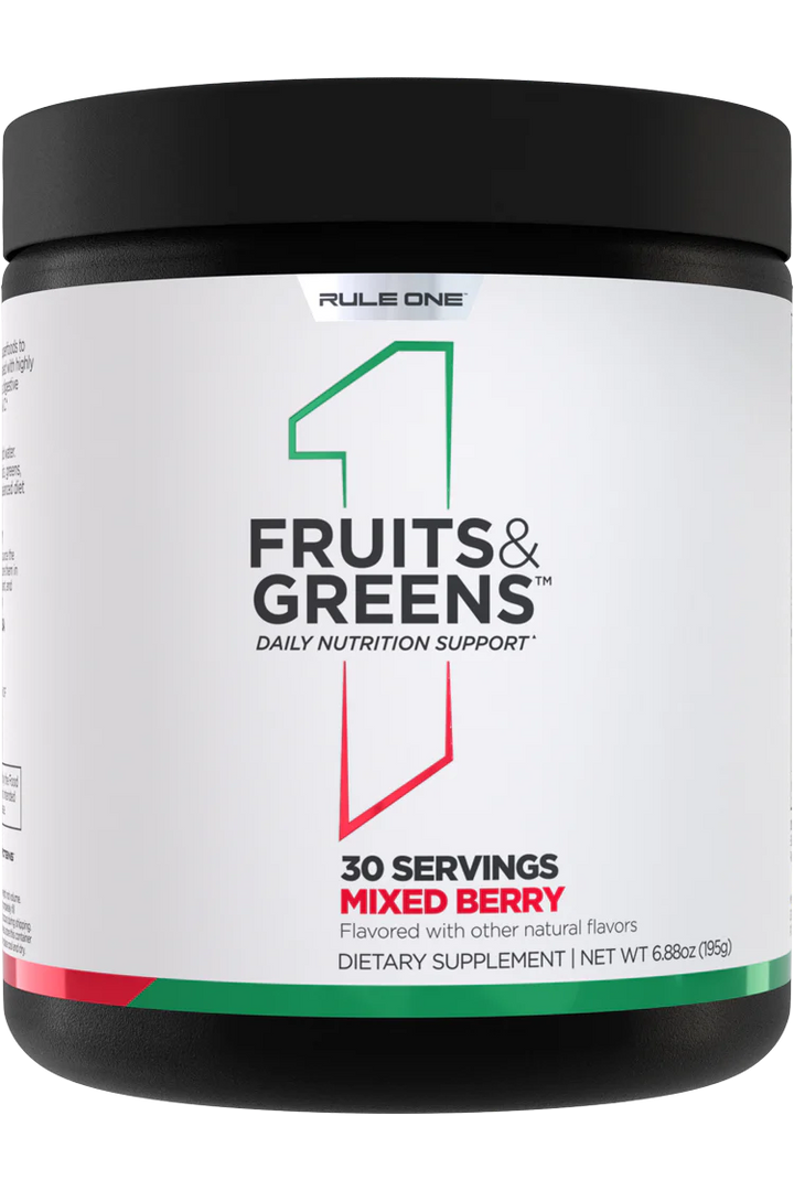 Front view of Rule1 Fruits & Greens Mixed Berry powder tub with black lid and white label containing 30 servings
