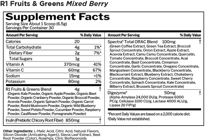 Supplement label for R1 Fruits & Greens Mixed Berry showing nutritional details and ingredients.