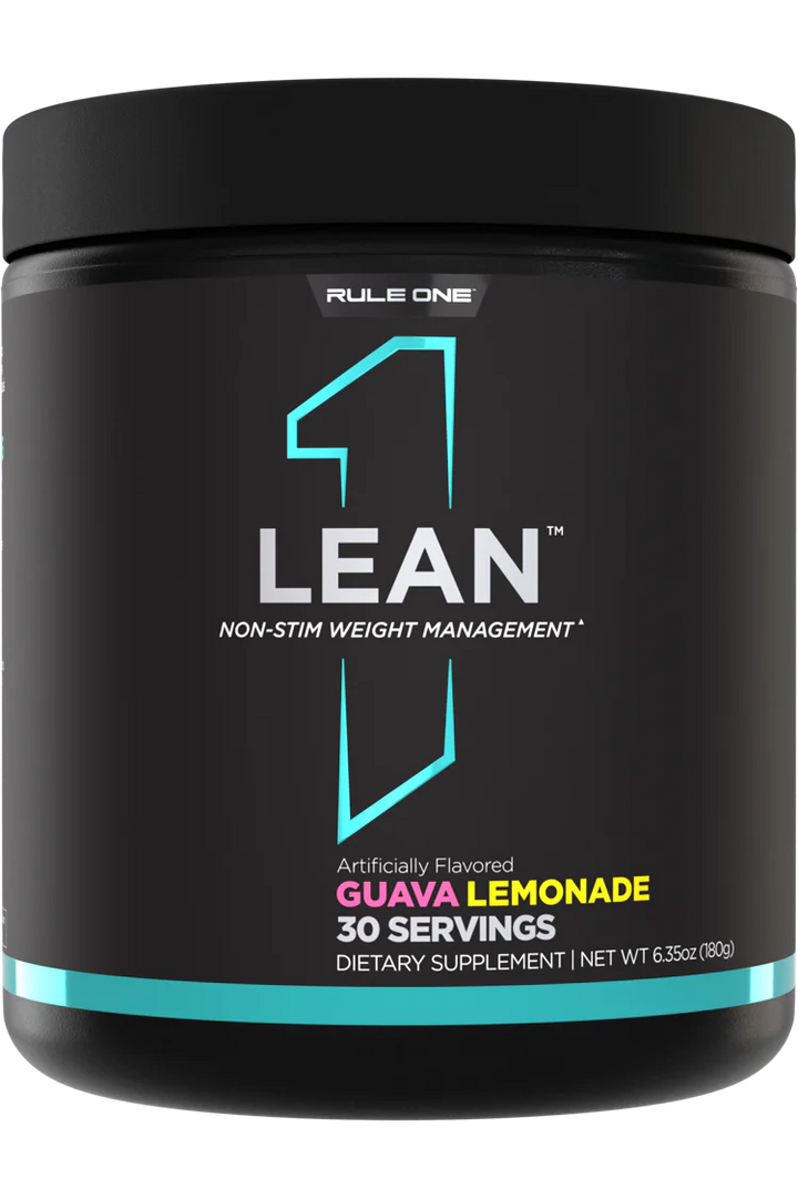 A container of Rule 1 Proteins Lean powder in Guava Lemonade flavor with 30 servings, marketed as a non-stim weight management supplement.