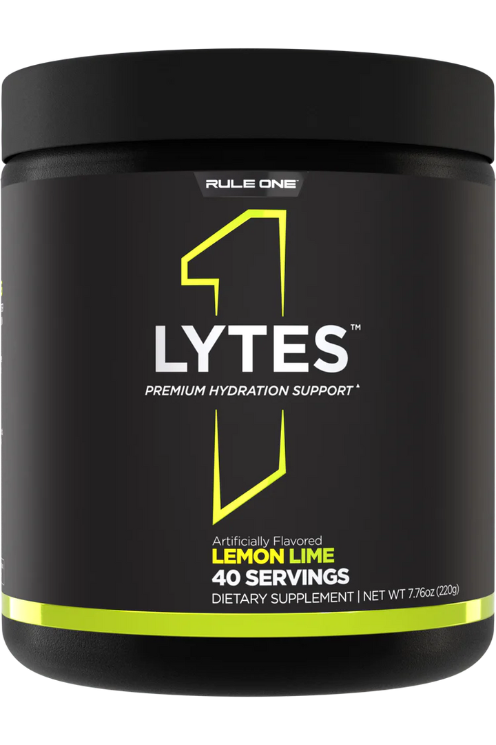 A container of Lytes by Rule 1 Proteins, with lemon-lime flavor, 40 servings, and labeled as a dietary supplement.