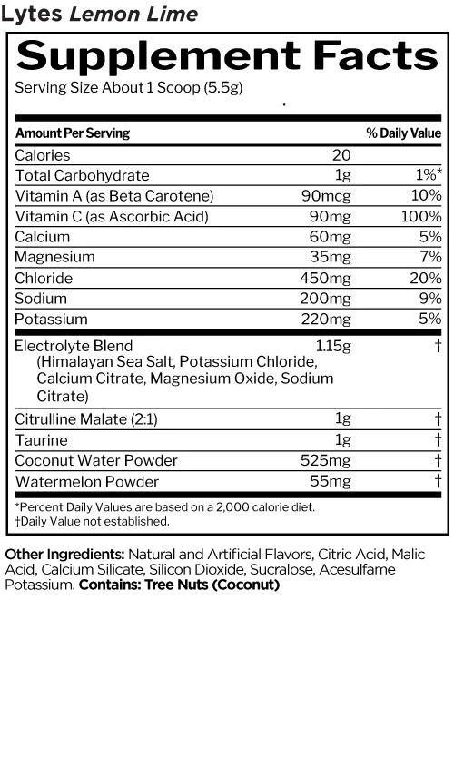 Supplement facts label for a Lemon Lime flavored product.