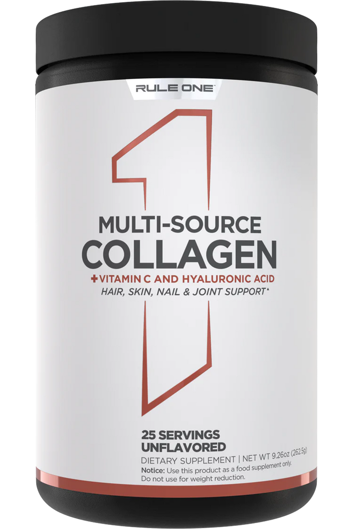 Container of Rule 1 Multi-Source Collagen with hyaluronic acid and vitamin C, labeled as unflavored and providing 25 servings.