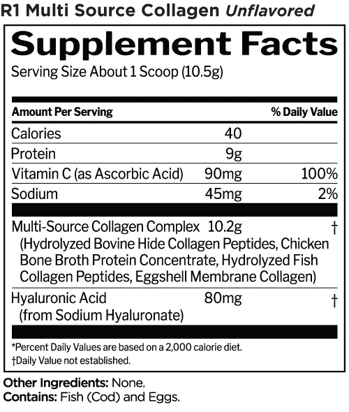 Supplement label for R1 Multi Source Collagen Unflavored showing nutritional facts and ingredients.