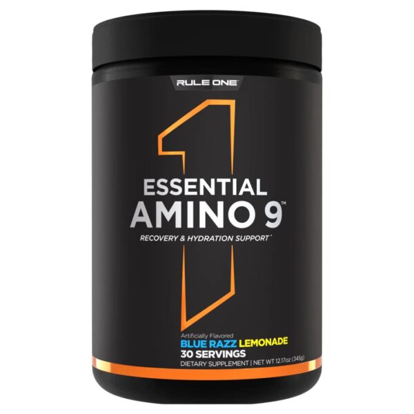 A container of RULE 1 R1 ESSENTIAL AMINO 9 supplement, with branding and flavor information visible.