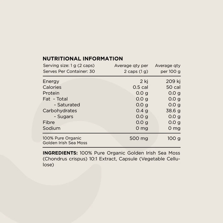 Nutritional information and ingredient details for a product containing organic golden Irish sea moss.