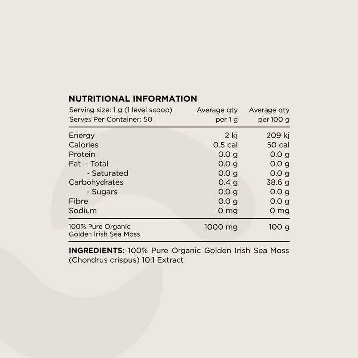 Nutritional information and ingredient details for a product labeled '100% Pure Organic Golden Irish Sea Moss'.