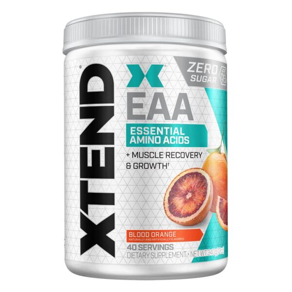 A container of Scivation XTEND EAA in blood orange flavor, highlighting zero sugar and 40 servings.