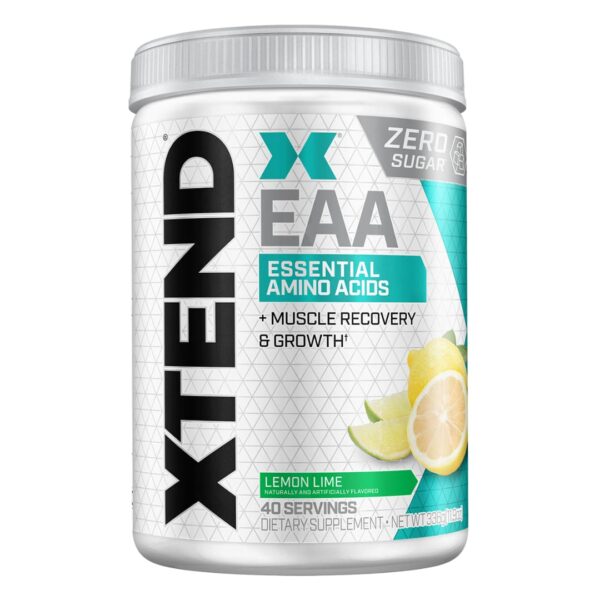 A container of Scivation XTEND EAA in lemon lime flavor, highlighting zero sugar and 40 servings.
