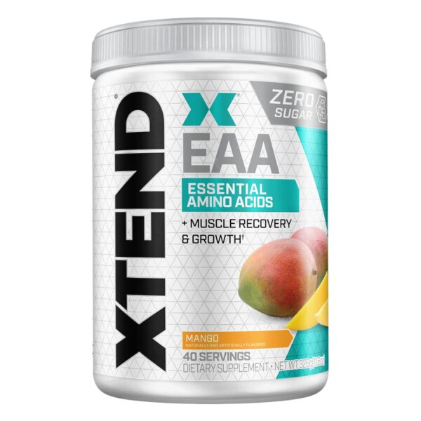 A container of Scivation XTEND EAA in mango flavor, highlighting zero sugar and 40 servings.
