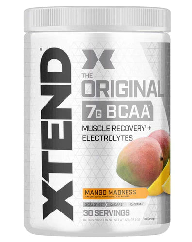 Scivation Xtend BCAA Mango Madness tub with white and mango-themed label showing 7g BCAA