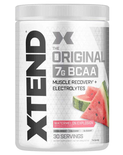 Scivation Xtend BCAA Watermelon Explosion tub with white label and watermelon graphics displaying 7g BCAA