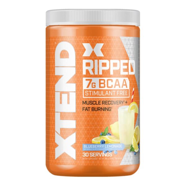 A container of Scivation Xtend Ripped, which is a supplement powder with 7g BCAA, designed for muscle recovery and fat burning, with a citrus color scheme.