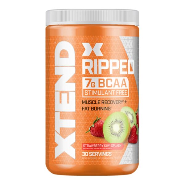 A container of Scivation Xtend Ripped, which is a supplement powder with 7g BCAA, designed for muscle recovery and fat burning, with a orange color scheme.