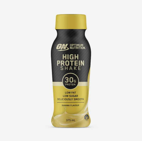 Optimum Nutrition High Protein Shake Banana 375mL bottle with black and yellow label showing 30g protein and low sugar