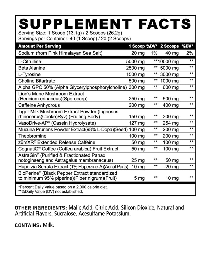 Supplement facts label with detailed nutritional information on a white background