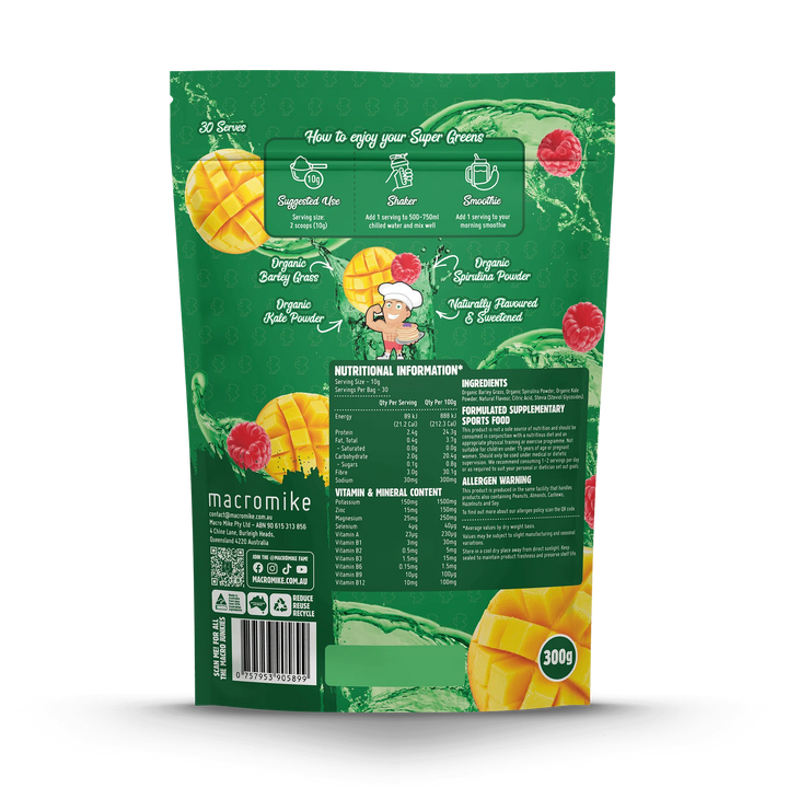 Green package of macromike super greens with mango and raspberry images on a white background