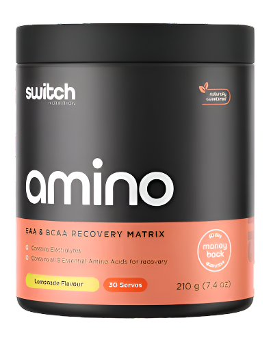Switch Nutrition Amino EAA and BCAA recovery supplement tub with black and orange label featuring lemonade flavour on front