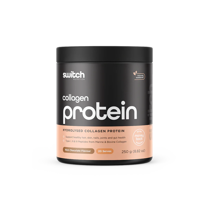 Front view of Switch Nutrition Collagen Switch hydrolysed collagen protein 250g rich chocolate flavour, featuring bovine and marine collagen with vitamin C and DigeZyme for skin, joint, and gut support.