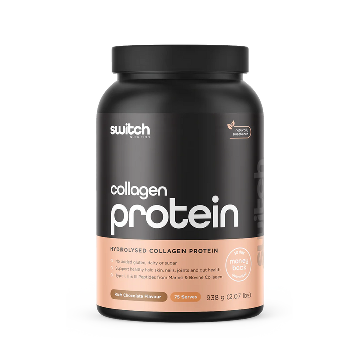 Front view of Switch Nutrition Collagen Switch hydrolysed collagen protein 938g rich chocolate flavour, with bovine and marine collagen, vitamin C, DigeZyme, and L-tryptophan for recovery and wellness.