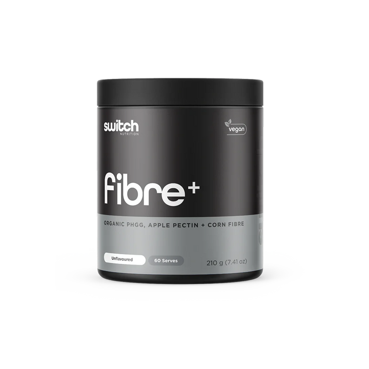 A container of Switch Nutrition Fibre+, a dietary fiber supplement with psyllium, apple pectin, and corn fiber, in a black container with white and green labeling.