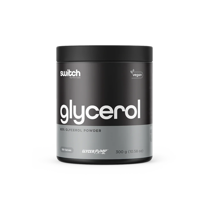 A container of Switch Nutrition Glycerol powder, primarily black in color with white and green text, indicating the product name and vegan status.