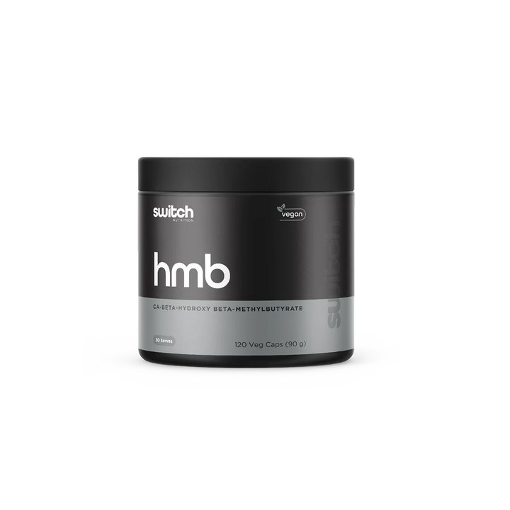 A container of Switch Nutrition HMB, which stands for beta-hydroxy beta-methylbutyrate, with the label indicating it is a vegan product.