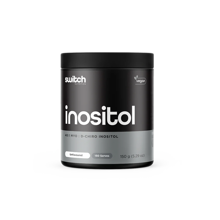 A black plastic container of Switch Nutrition Inositol, with a white label that includes the product name and the text 'Cognitive & Blood Sugar Support'. The container indicates a quantity of 150 servings.