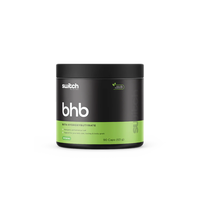 A container of BHB Capsules by Switch Nutrition, with a black and green label, indicating Beta Hydroxybutyrate supplement.