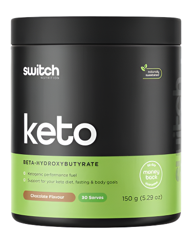 Keto Switch beta hydroxybutyrate ketogenic performance supplement tub 150g by Switch Nutrition chocolate flavour