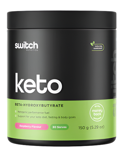 Keto Switch beta hydroxybutyrate ketogenic performance supplement tub 150g by Switch Nutrition raspberry flavour