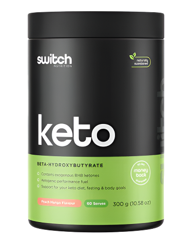 Keto Switch beta hydroxybutyrate ketogenic performance supplement tub 300g by Switch Nutrition peach mango flavour