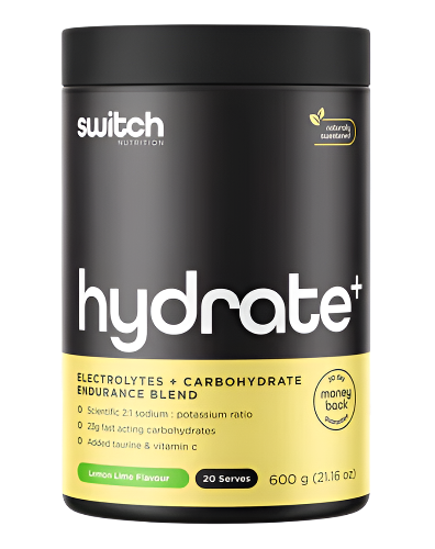 A container of Switch Nutrition Hydrate+ with the flavor Lemon Lime, designed for endurance, performance, and recovery with electrolytes and carbohydrates.
