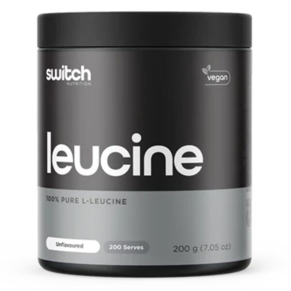 A container of Switch Nutrition Leucine, which is labeled as 100% Pure L-Leucine, unflavored, and suitable for vegan diets.