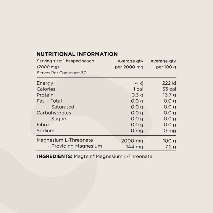 Nutritional information and ingredients list for Magnesium L-Threonate supplement by Switch Nutrition.