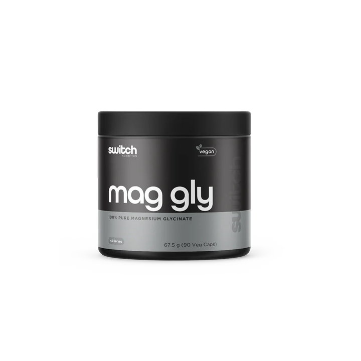 A container of Switch Nutrition Magnesium Glycinate, with a black and white label, indicating it is a vegan product.